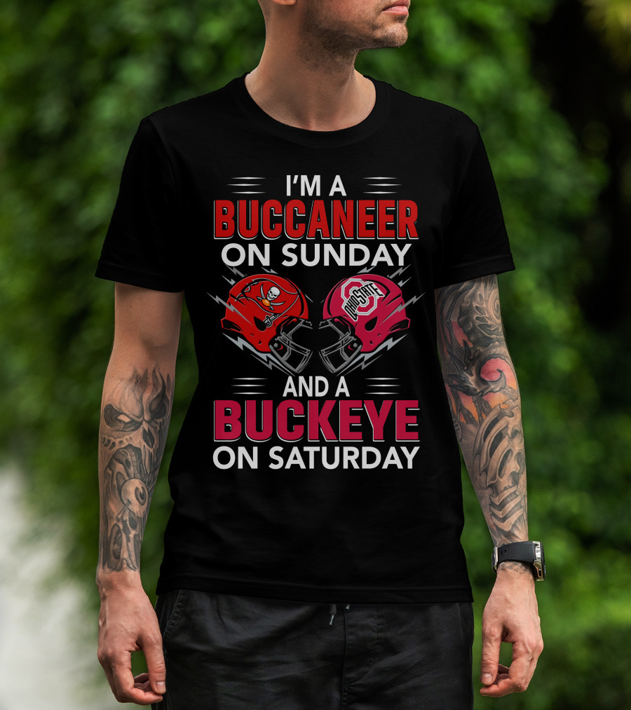 I'm A Buccaneer On Sunday And A Buckeye On Saturday Buccaneer Logo Ohio State Helmet T-Shirt