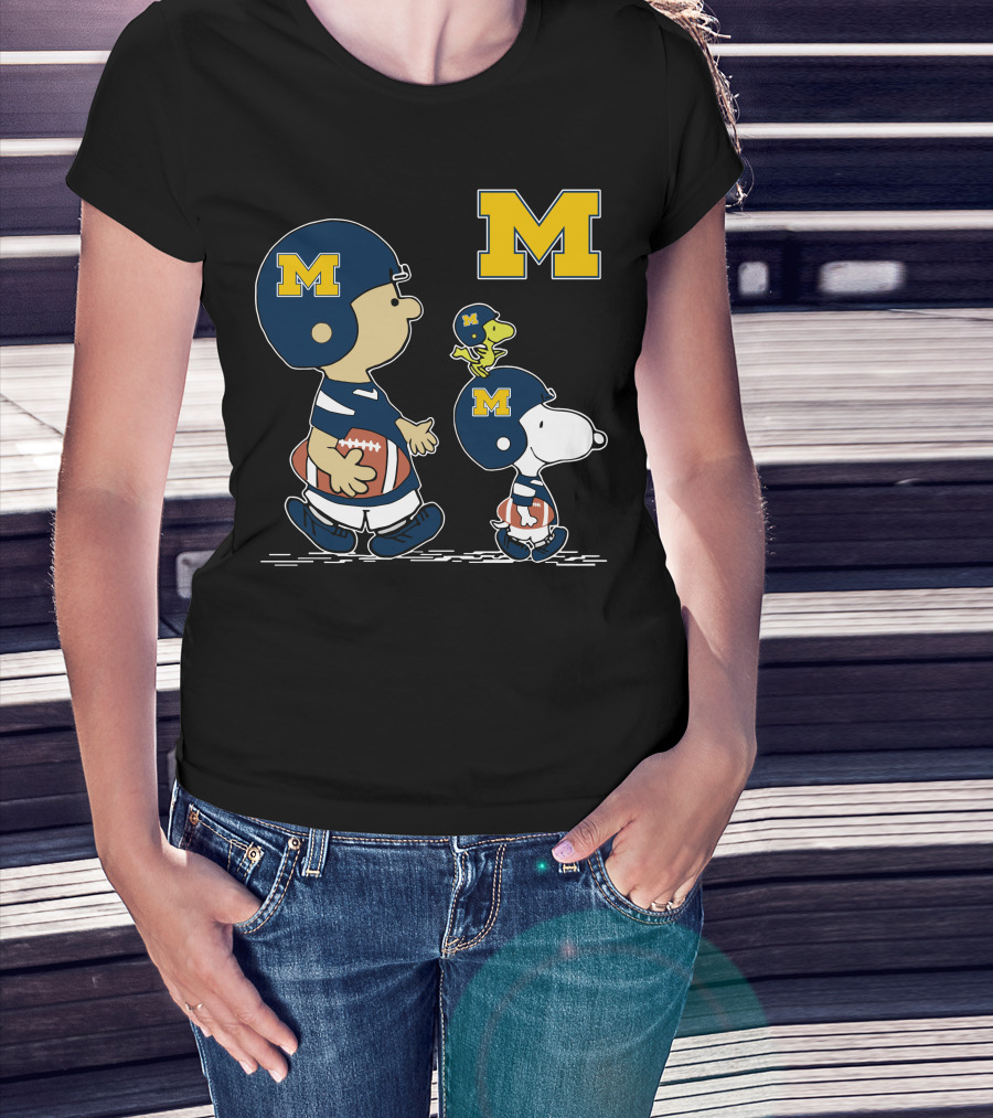 Michigan Wolverines Peanuts Football Characters With Iconic Block M T-Shirt