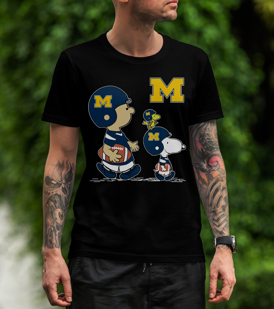 Michigan Wolverines Peanuts Football Characters With Iconic Block M T-Shirt