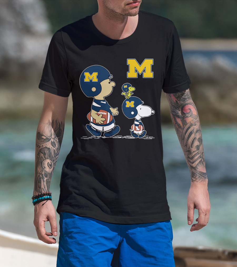 Michigan Wolverines Peanuts Football Characters With Iconic Block M T-Shirt