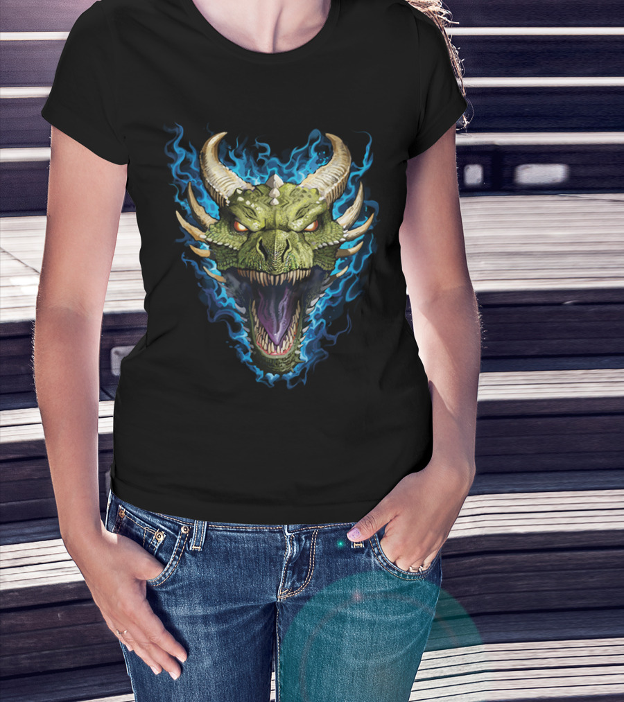 Green Dragon With Blue Flames And Horned Head T-Shirt