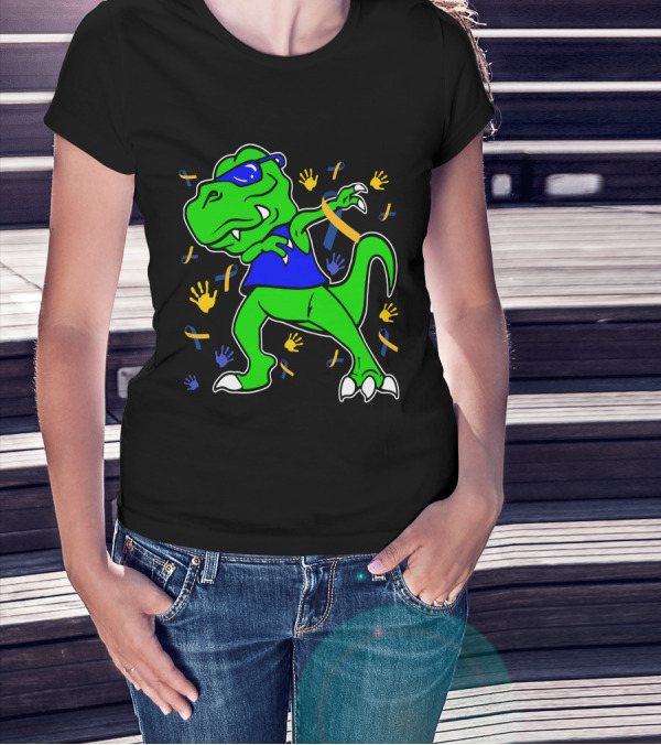 Dabbing Dinosaur With Sunglasses And Autism Awareness Ribbons And Handprints T-Shirt
