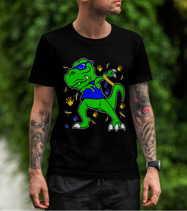 Dabbing Dinosaur With Sunglasses And Autism Awareness Ribbons And Handprints T-Shirt