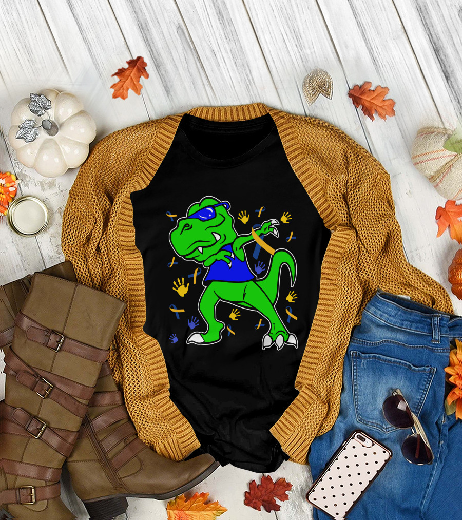 Dabbing Dinosaur with Sunglasses and Autism Awareness Ribbons and Handprints T-Shirt