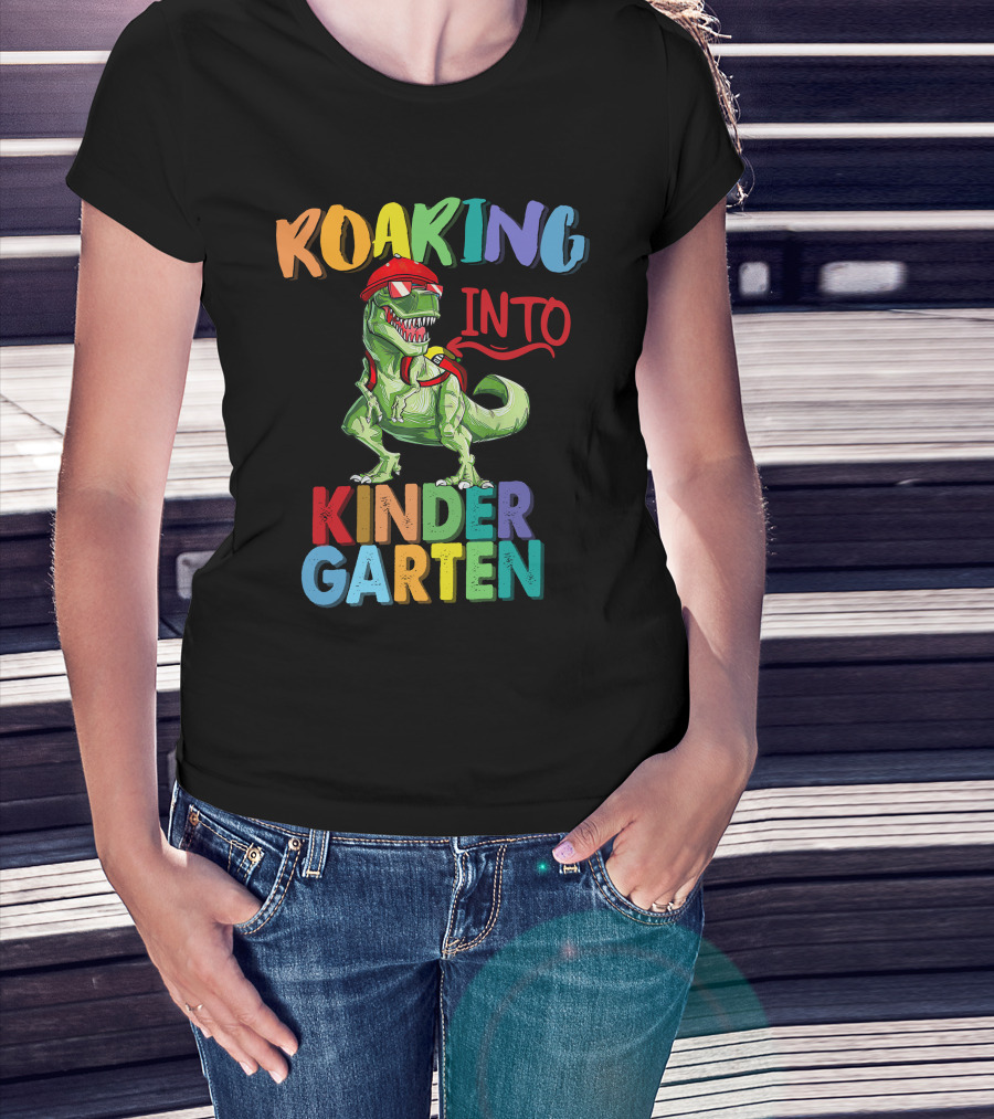 Roaring Into Kinder Garten Dinosaur With Red Cap And Backpack T-Shirt