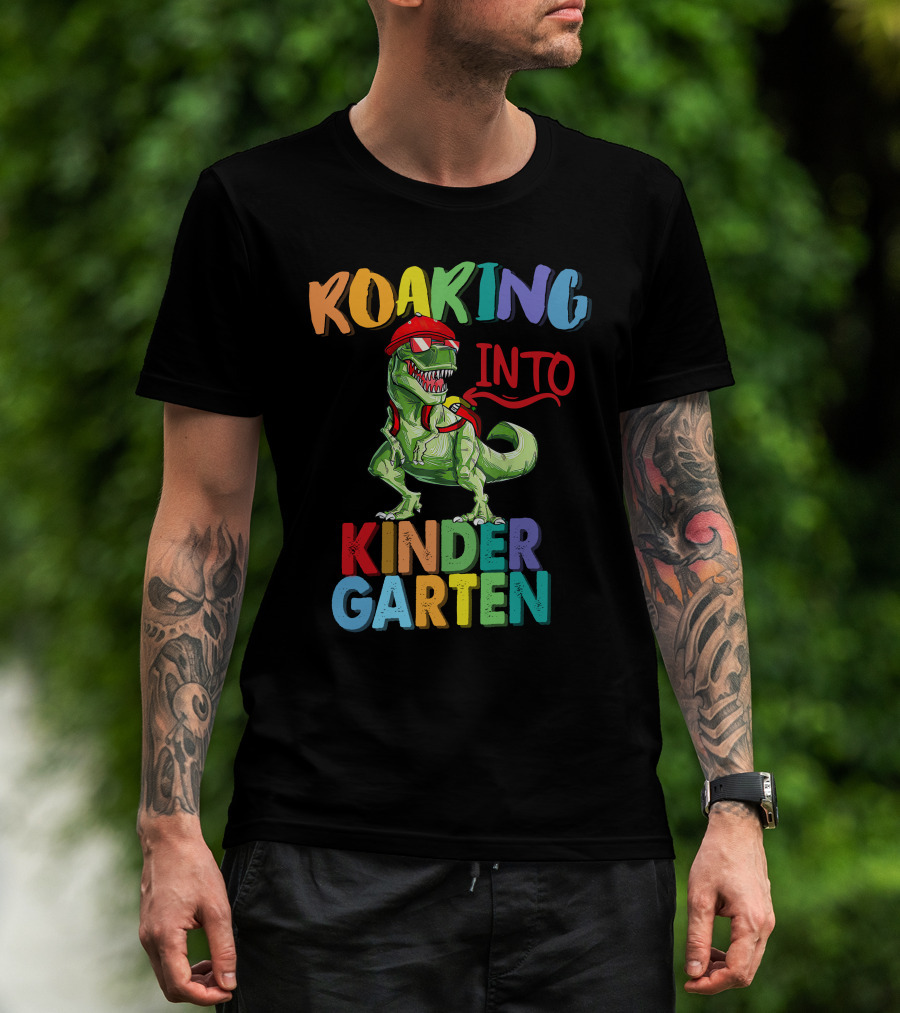 Roaring Into Kinder Garten Dinosaur With Red Cap And Backpack T-Shirt