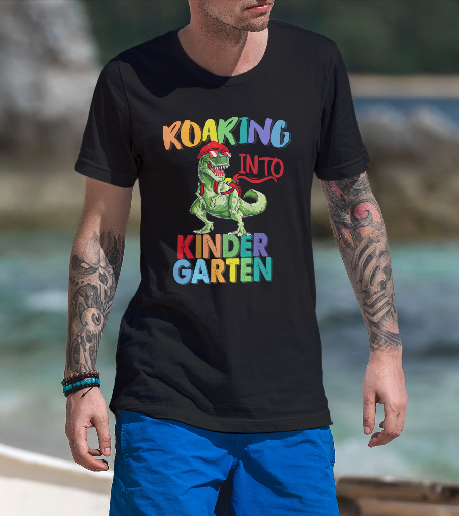 Roaring Into Kinder Garten Dinosaur With Red Cap And Backpack T-Shirt