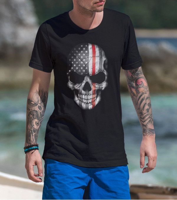 American Flag Thin Red Line Skull T-Shirt