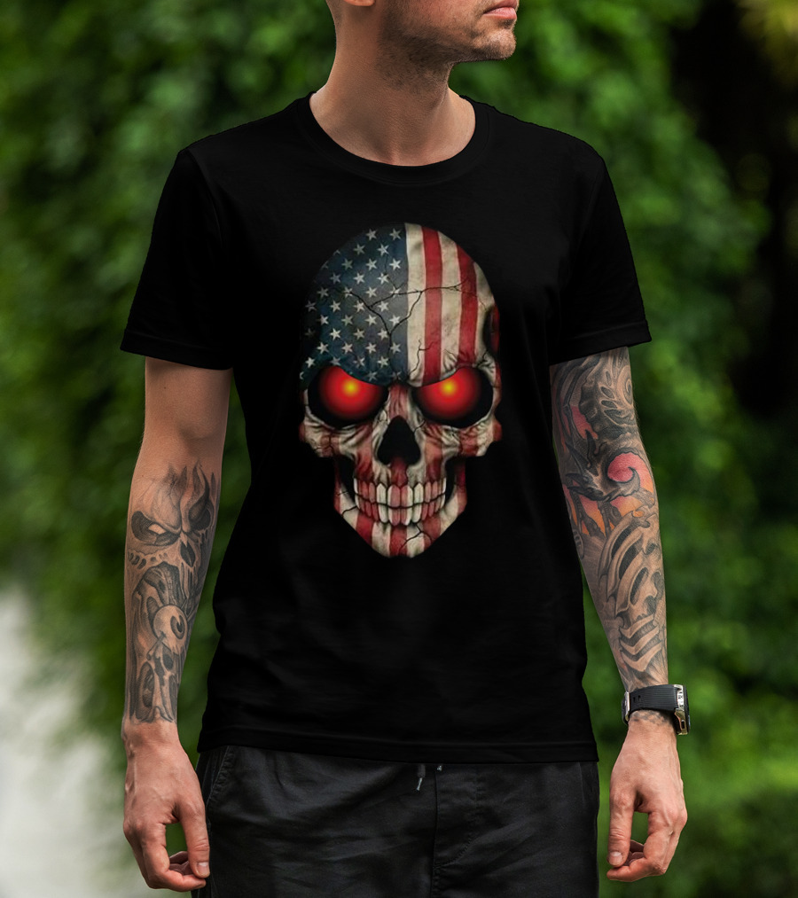 Stars And Stripes Skull With Glowing Eyes T-Shirt