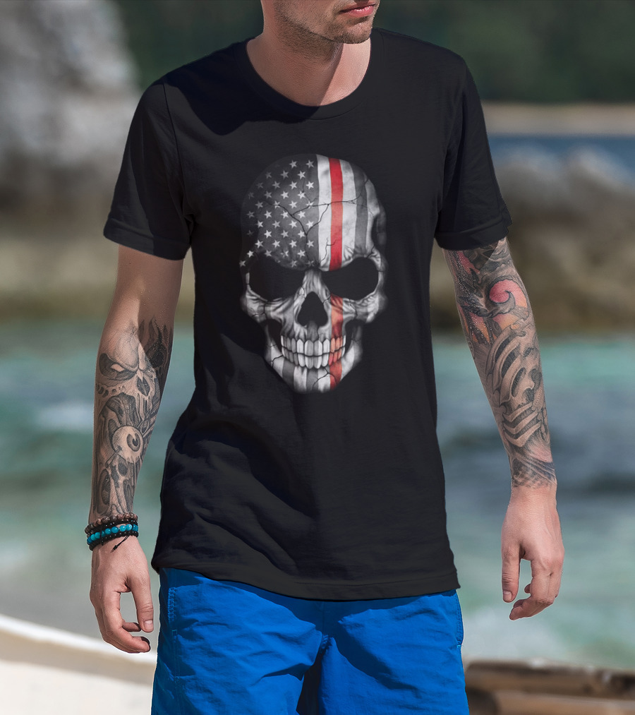 American Flag Skull With Red Stripe T-Shirt