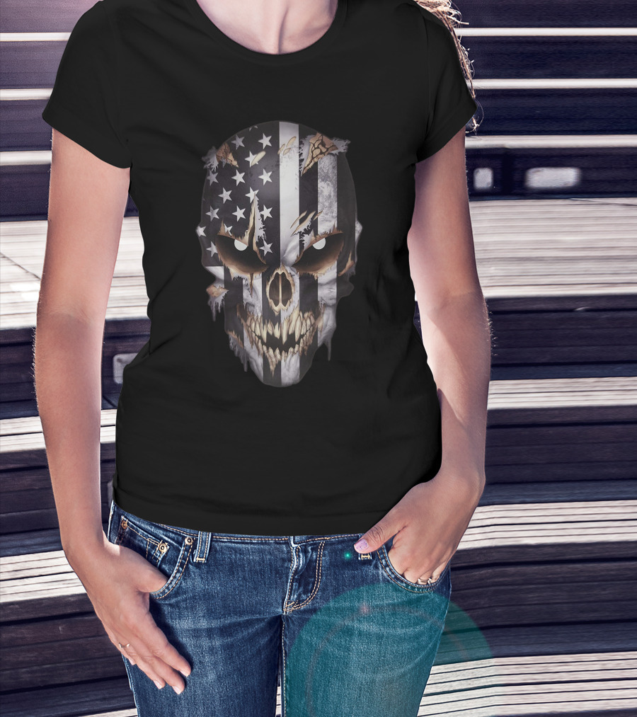 Skull With American Flag And Claw Marks T-Shirt