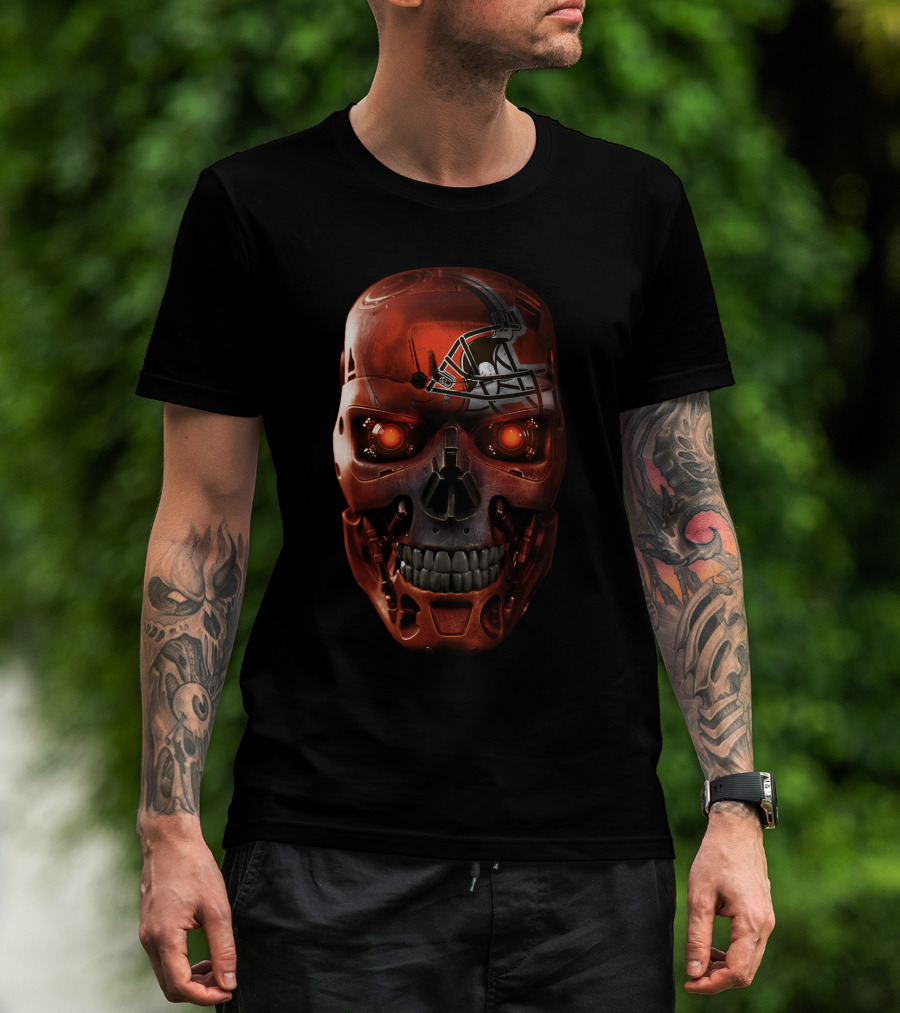 Skull Browns Football Helmet Red Glowing Eyes T-Shirt