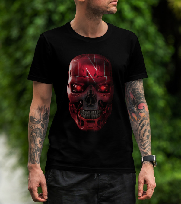 N Red Skull With Robotic Cornhuskers Face T-Shirt