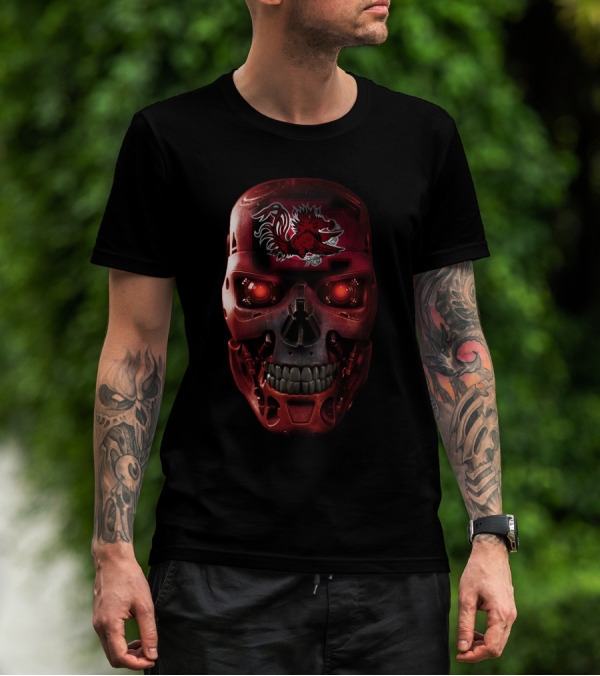 Skull Gamecocks Red Robotic Terminator Face With South Carolina Gamecock T-Shirt