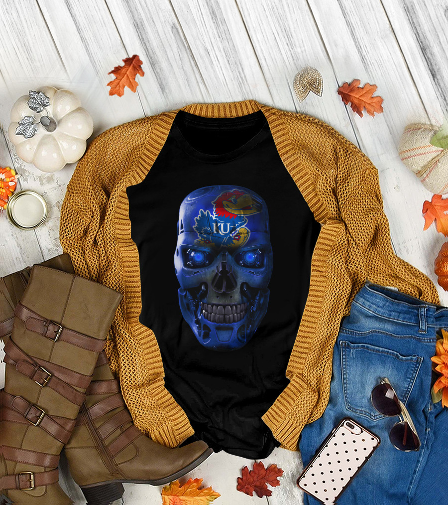 SKULL JAYHAWKS UNIVERSITY OF KANSAS ROBOT FACE T-Shirt