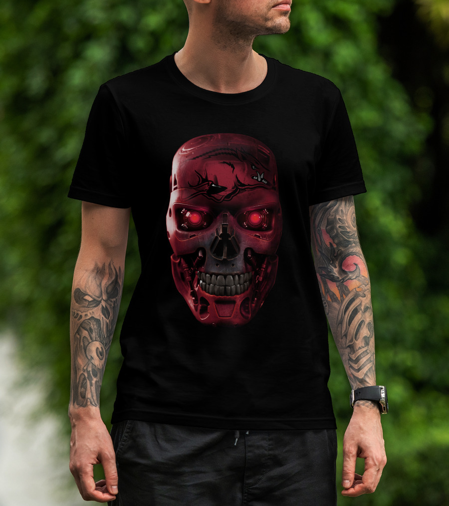 Skull Razorbacks Terminator Red Robot Face T-Shirt