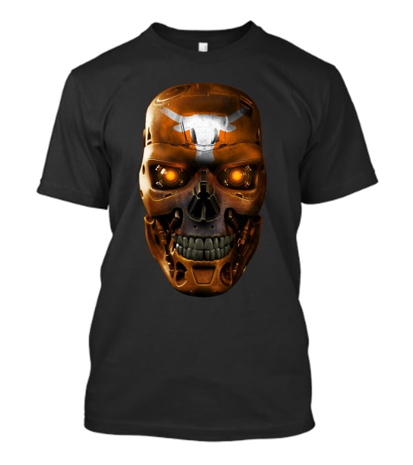 Skull Longhorns Futuristic Mechanical Face With Glowing Eyes T-Shirt