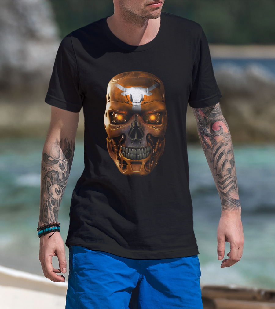 Skull Longhorns Futuristic Mechanical Face With Glowing Eyes T-Shirt