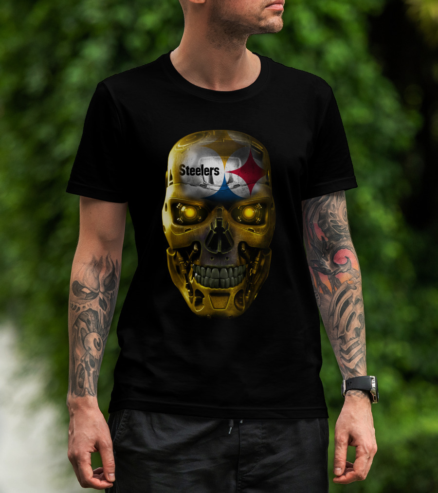Steelers Skull Cyborg With Logo And Glowing Eyes T-Shirt