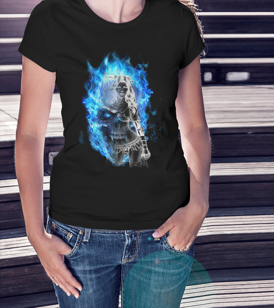 Skull Girl Blue Flames Warrior T-Shirt