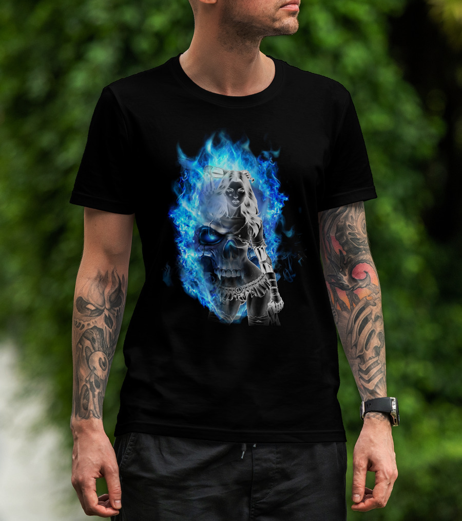 Skull Girl Blue Flames Warrior T-Shirt