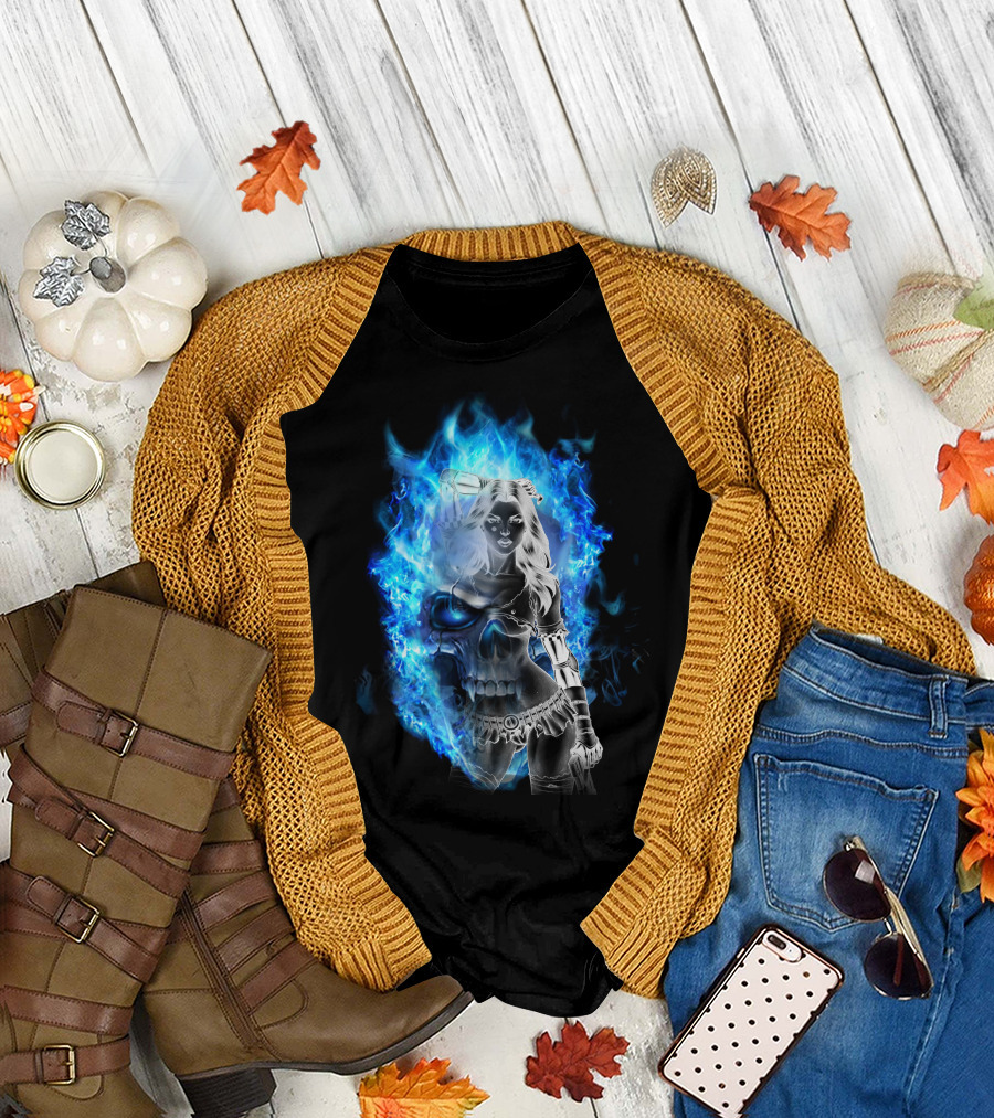 Skull Girl Blue Flames Warrior T-Shirt