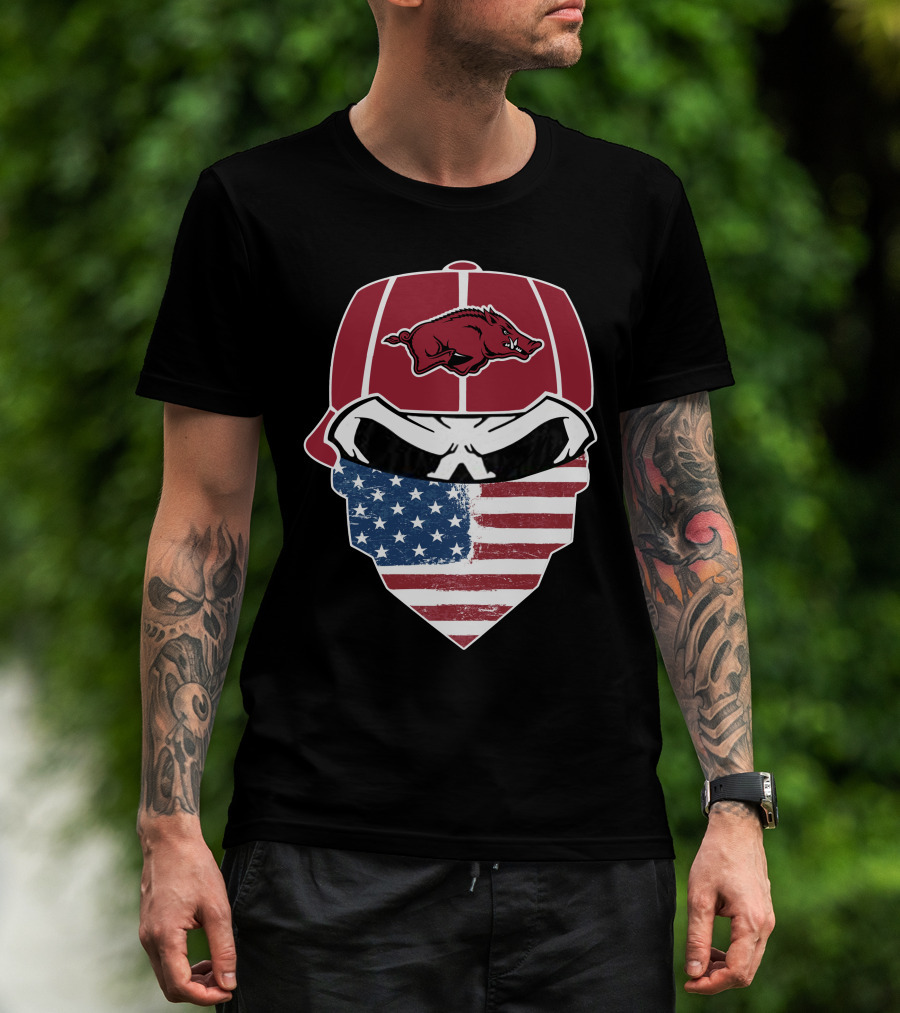 Arkansas Razorbacks Skull American Flag Bandana T-Shirt