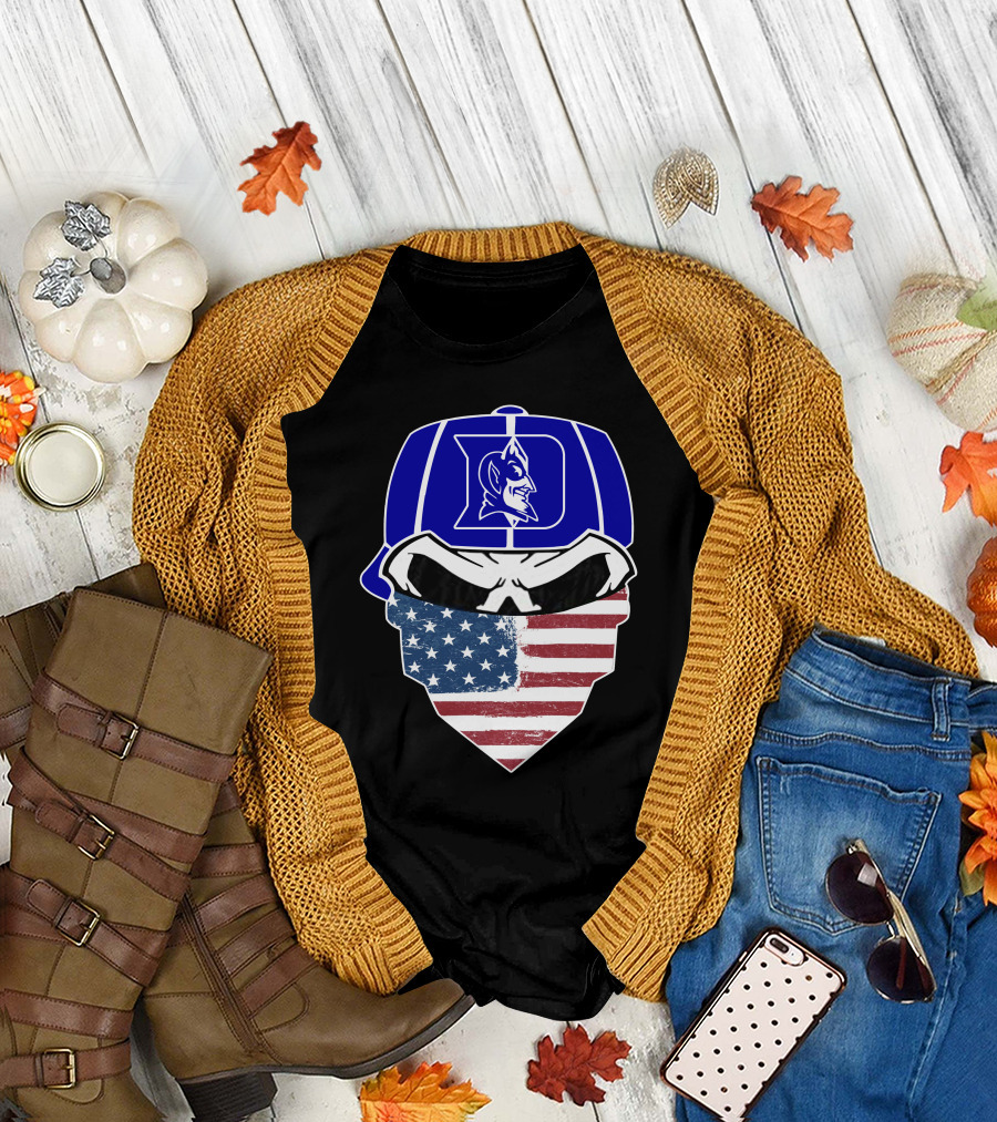 Duke Blue Devils Skulls American Flag Logo Cap Face Mask T-Shirt