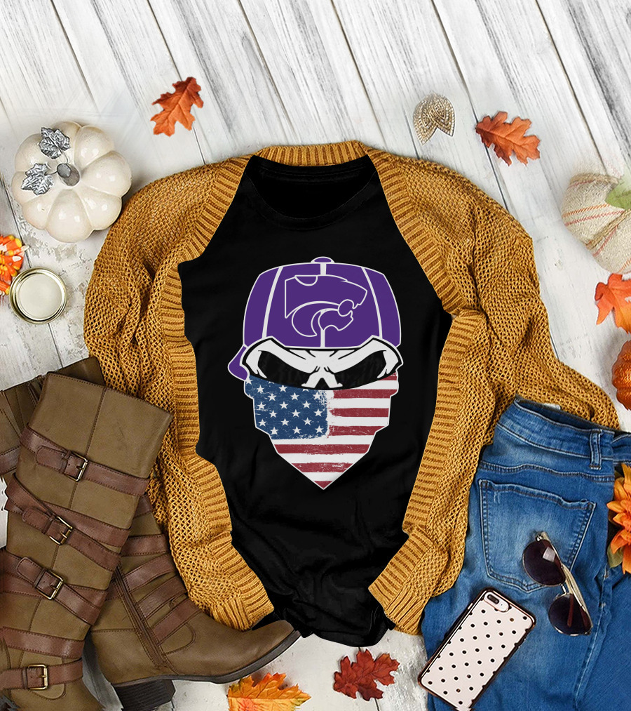 Kansas State Wildcats American Flag Skull Hat T-Shirt