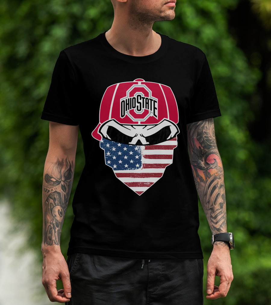 Ohio State Buckeyes Skull American Flag Bandana T-Shirt