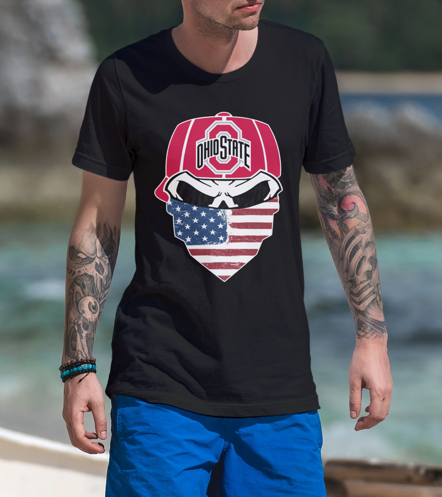 Ohio State Buckeyes Skull American Flag Bandana T-Shirt