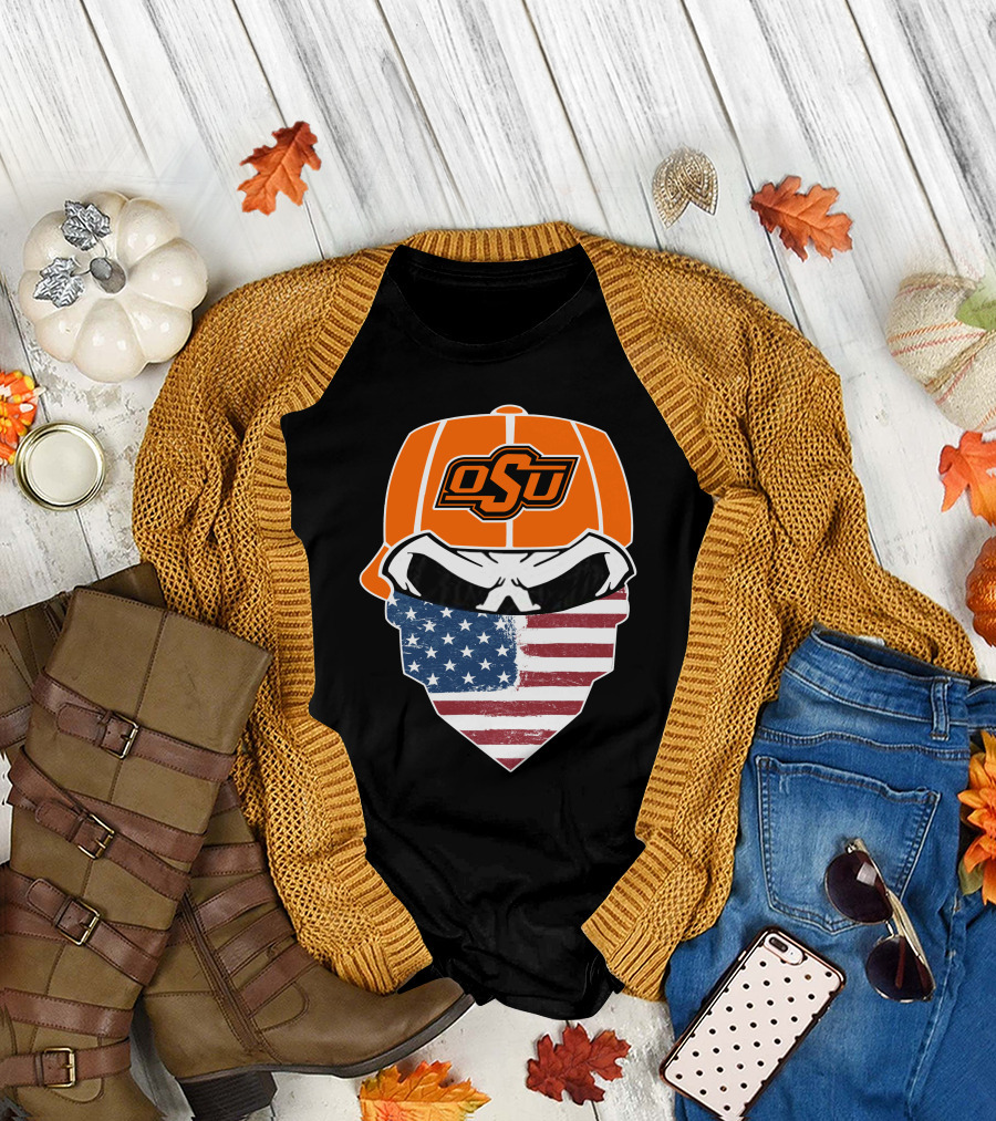 Oklahoma State OSU Skull American Flag Bandana T-Shirt