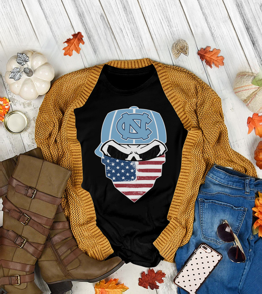UNC Tar Heels Skull American Flag Bandana T-Shirt