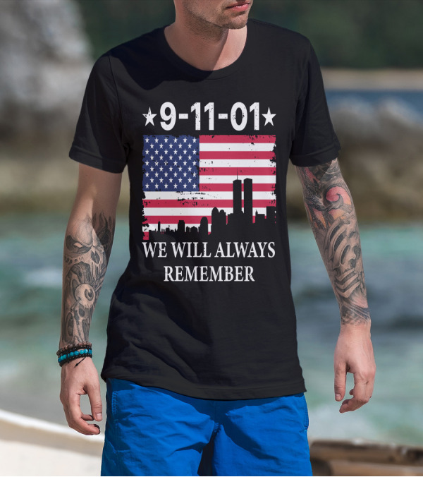 9-11-01 We Will Always Remember Twin Towers American Flag Skyline T-Shirt