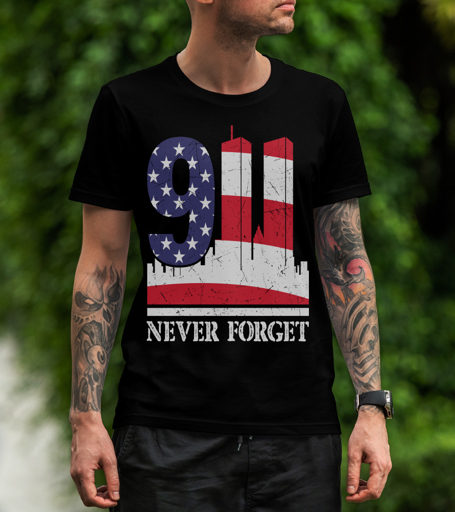 9 11 Never Forget Twin Towers American Flag T-Shirt