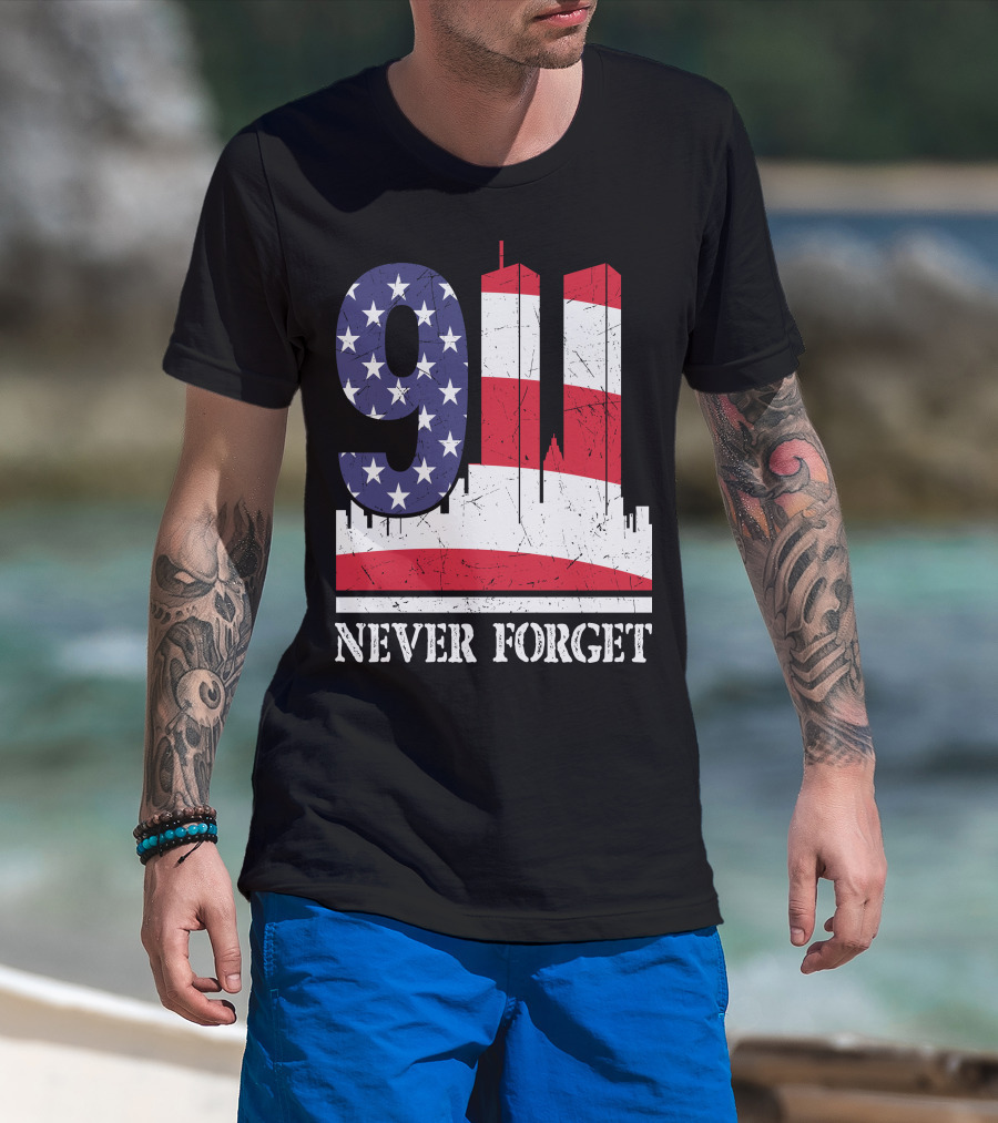 9 11 Never Forget Twin Towers American Flag T-Shirt