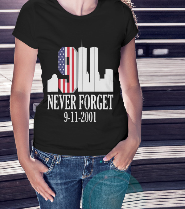 Never Forget 9-11-2001 American Flag Twin Towers Skyline T-Shirt