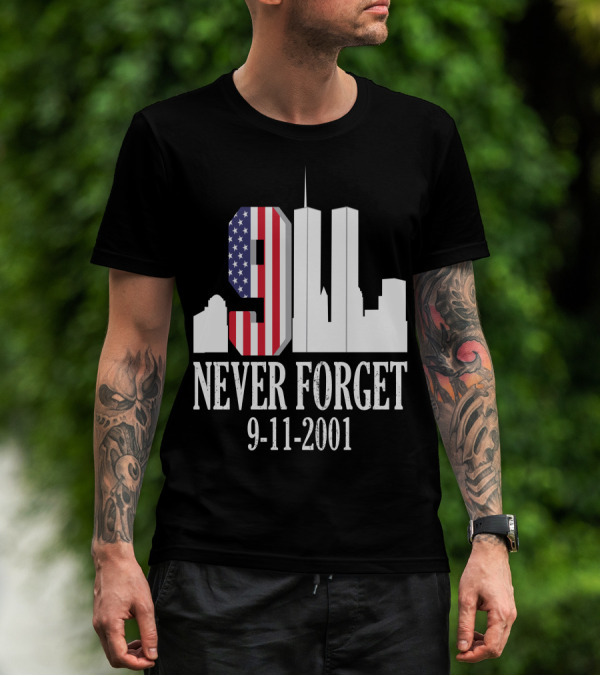 Never Forget 9-11-2001 American Flag Twin Towers Skyline T-Shirt