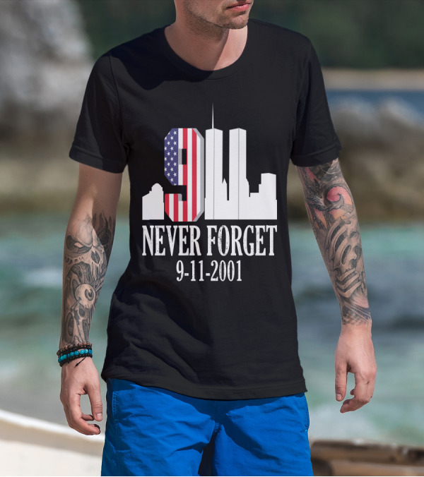 Never Forget 9-11-2001 American Flag Twin Towers Skyline T-Shirt
