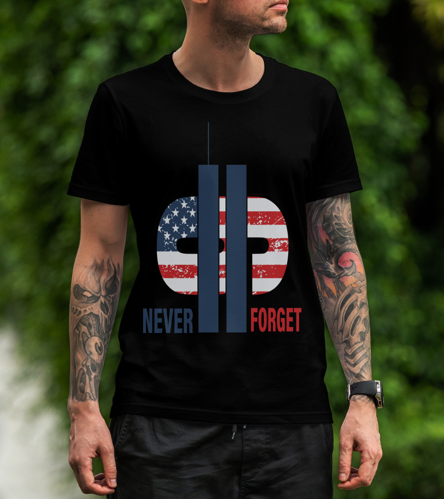 Never Forget 9.11 American Flag Tribute With Twin Towers Symbol T-Shirt