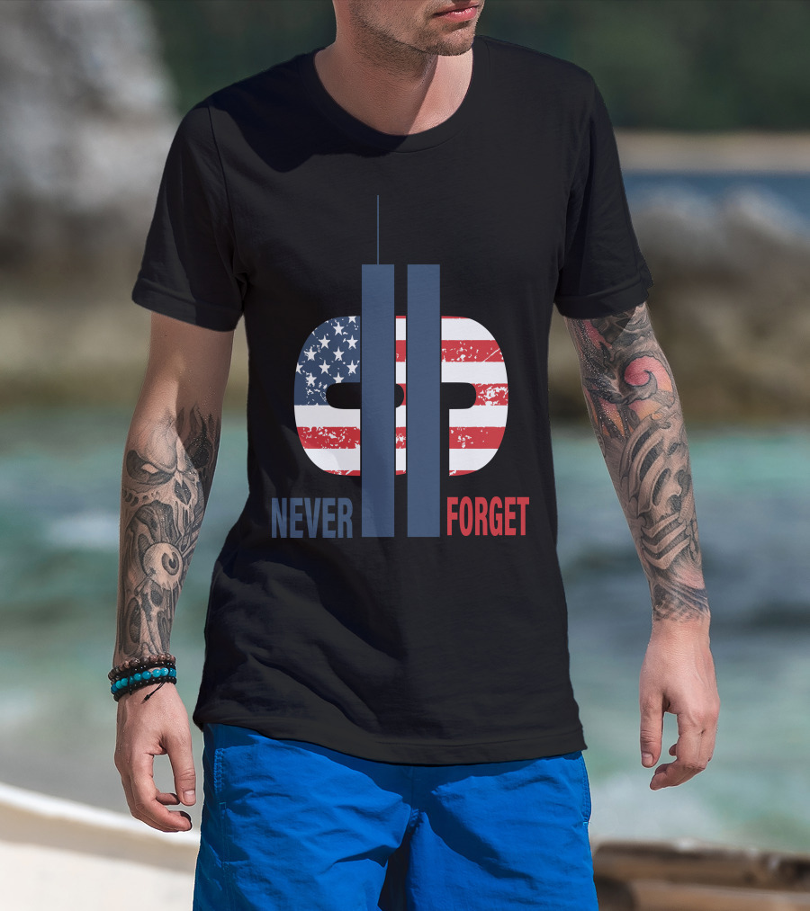 Never Forget 9.11 American Flag Tribute With Twin Towers Symbol T-Shirt