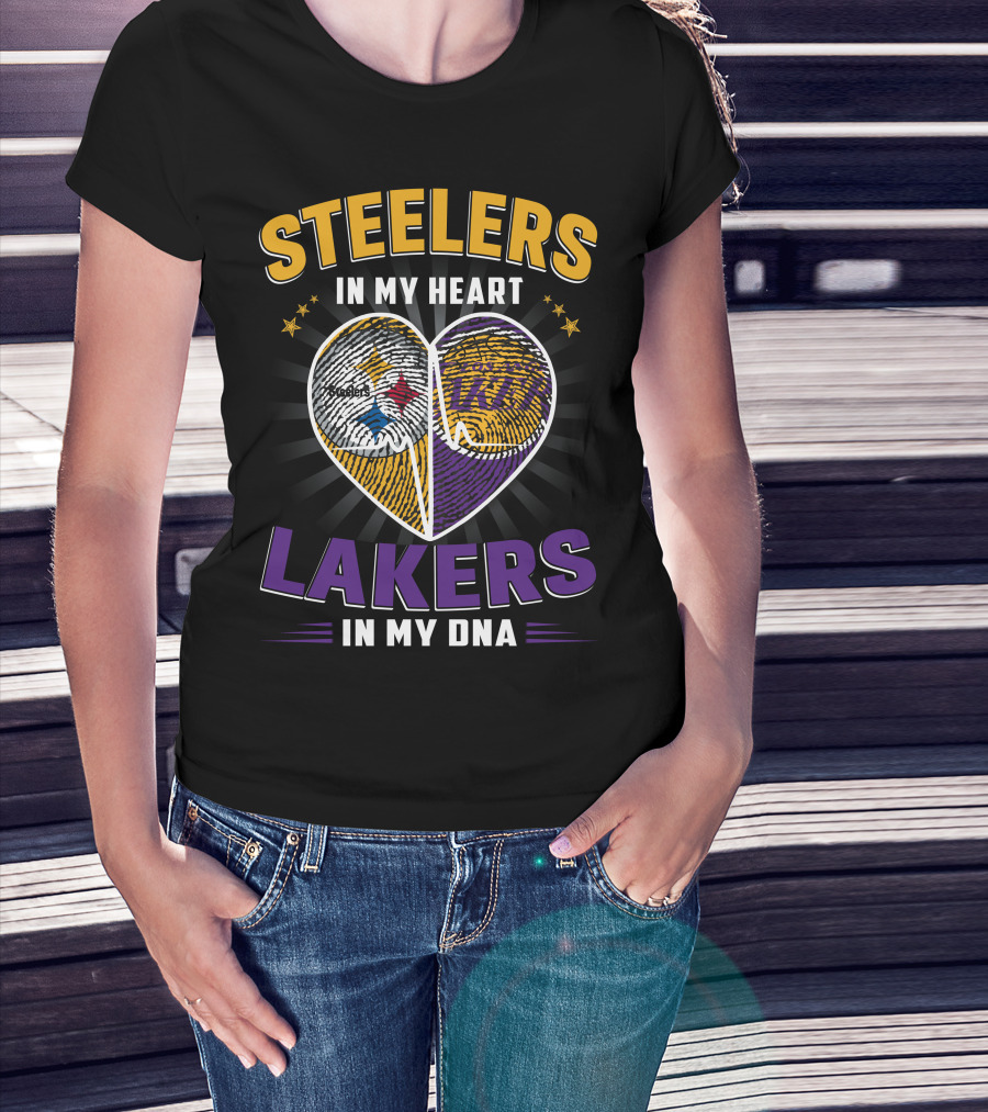 Steelers In My Heart Lakers In My Dna Fingerprint Heart T-Shirt