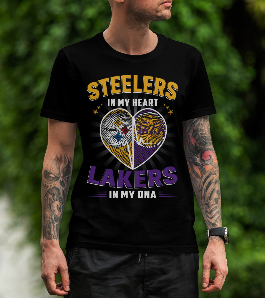 Steelers In My Heart Lakers In My Dna Fingerprint Heart T-Shirt