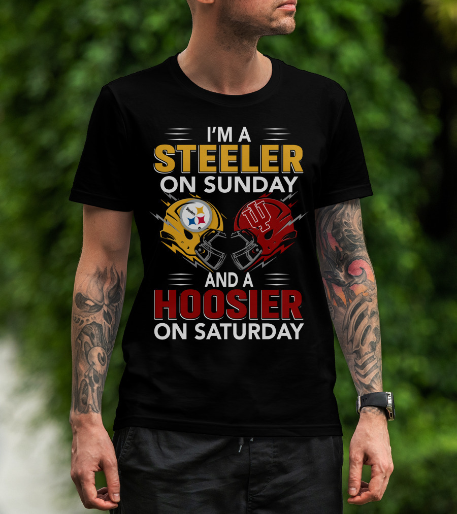 I'm A Steeler On Sunday And A Hoosier On Saturday Football Helmets Collide T-Shirt