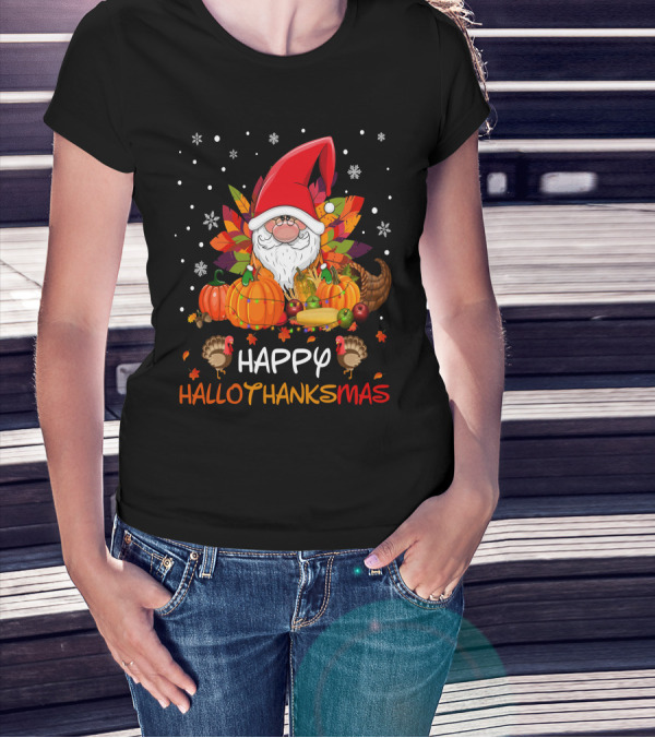 Happy HalloThanksMas Santa Hat Pumpkins Turkeys Cornucopia Snowflakes T-Shirt