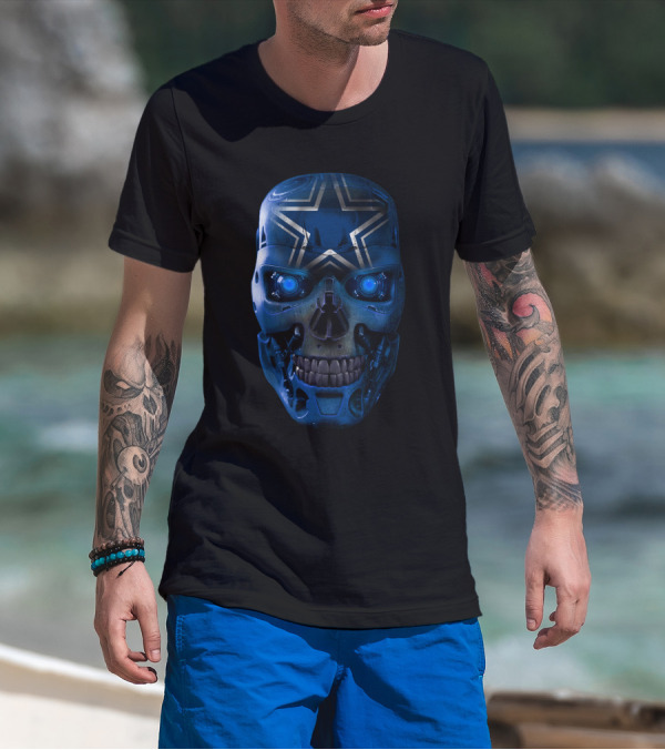Skull Cowboys Blue Metallic Star Cyborg Helmet T-Shirt