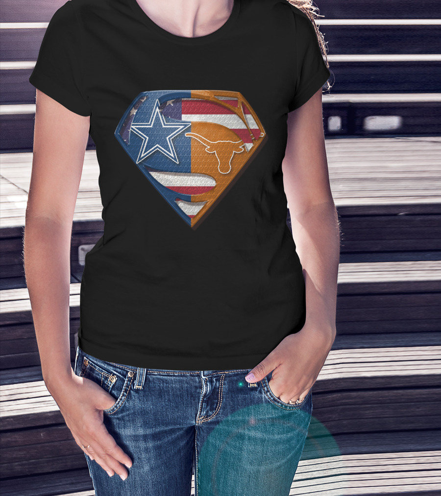 Dallas Cowboys Texas Longhorns Star And Longhorn Superman Shield Flag T-Shirt