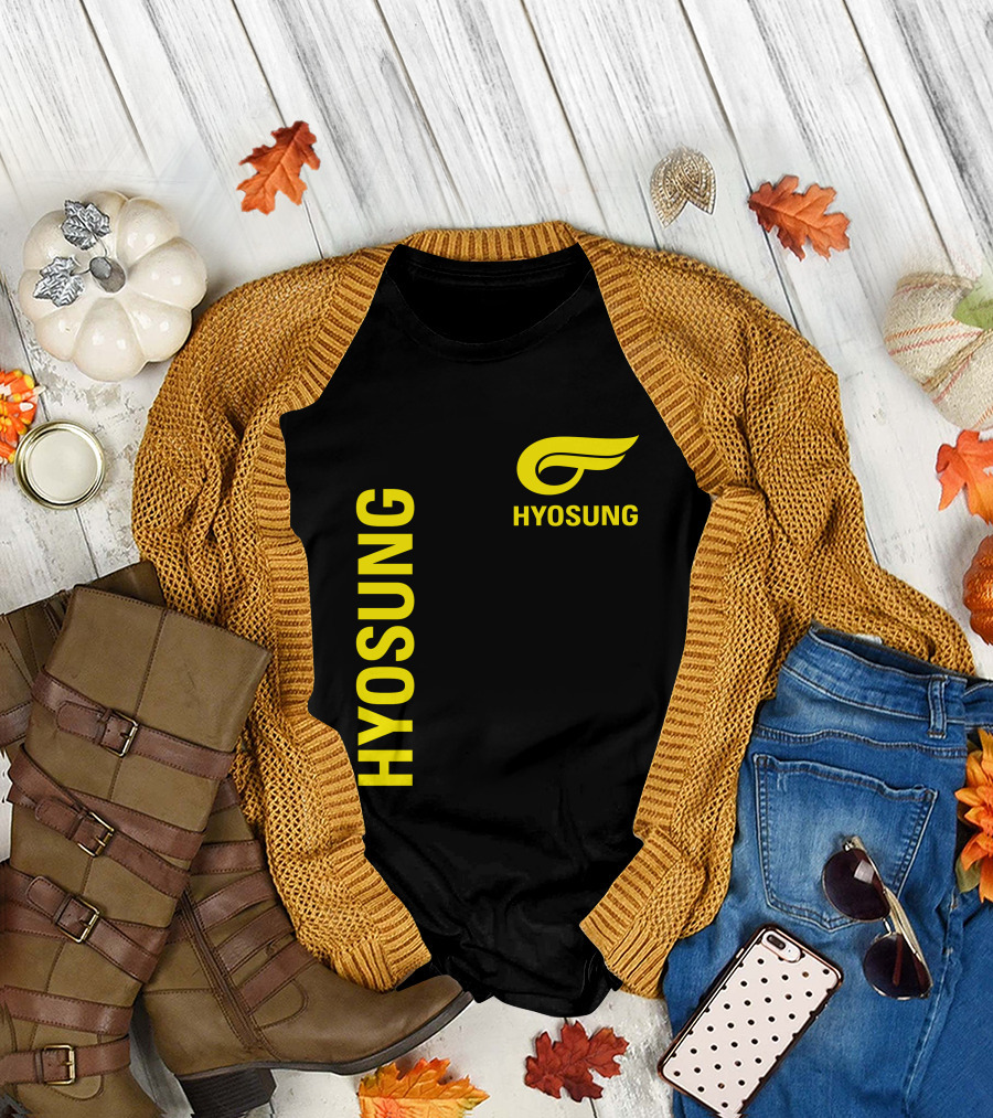 HYOSUNG Logo Stylized Yellow Text Brand T-Shirt