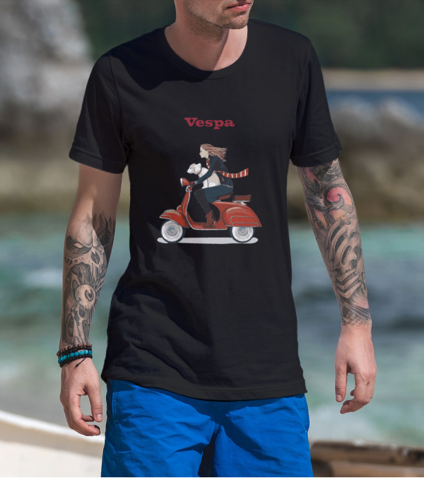 Vespa Red Scooter Woman Dog Pink Background T-Shirt