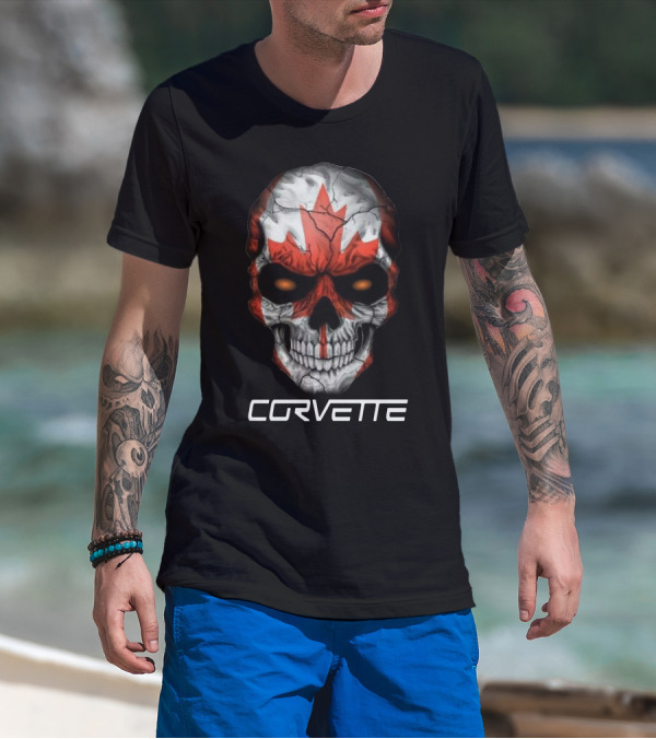 CORVETTE Canada Skull With Red Maple Leaf T-Shirt